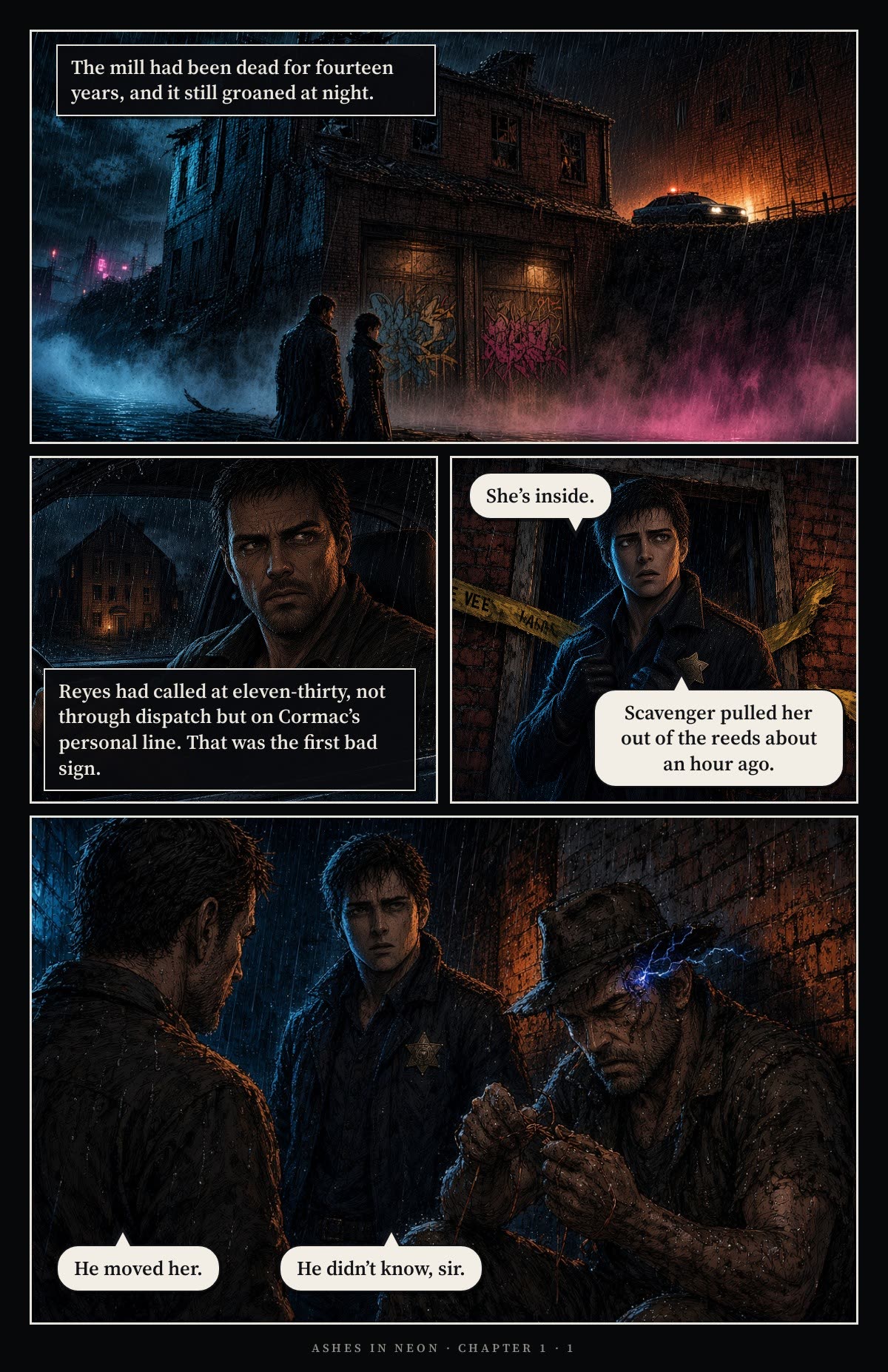 Page 1. A dead mill on a river at night. Sheriff Elias Cormac sits in his car, called in on his personal line. Deputy Reyes waits at the tape: she's inside; a scavenger pulled her out of the reeds. A scavenger with a sparking temple jack twists copper wire. Cormac: He moved her. Reyes: He didn't know, sir.