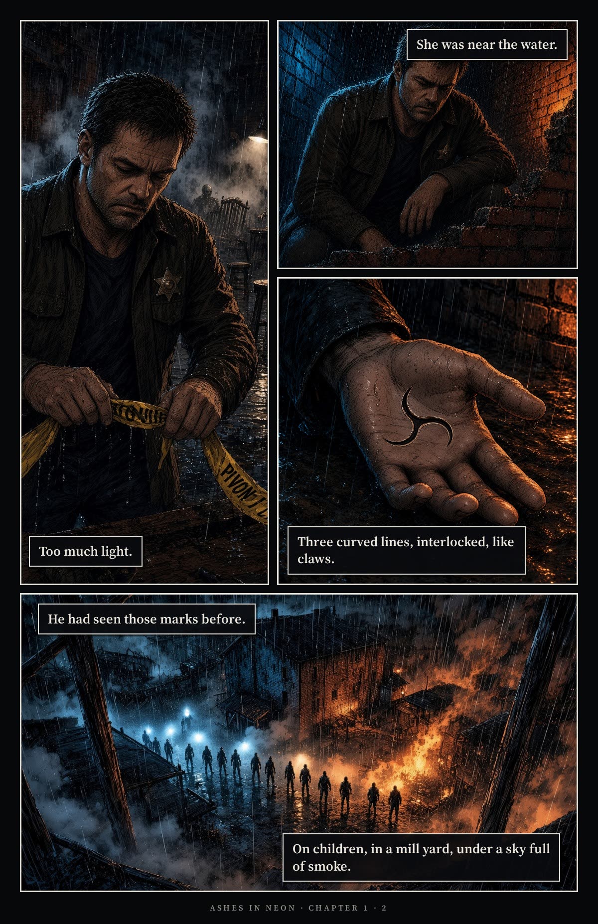 Page 2. Cormac ducks under the tape into the lamplit mill and crouches near the water. A girl's open palm is carved with three curved lines, interlocked, like claws. He had seen those marks before: on children, in a mill yard, under a sky full of smoke.