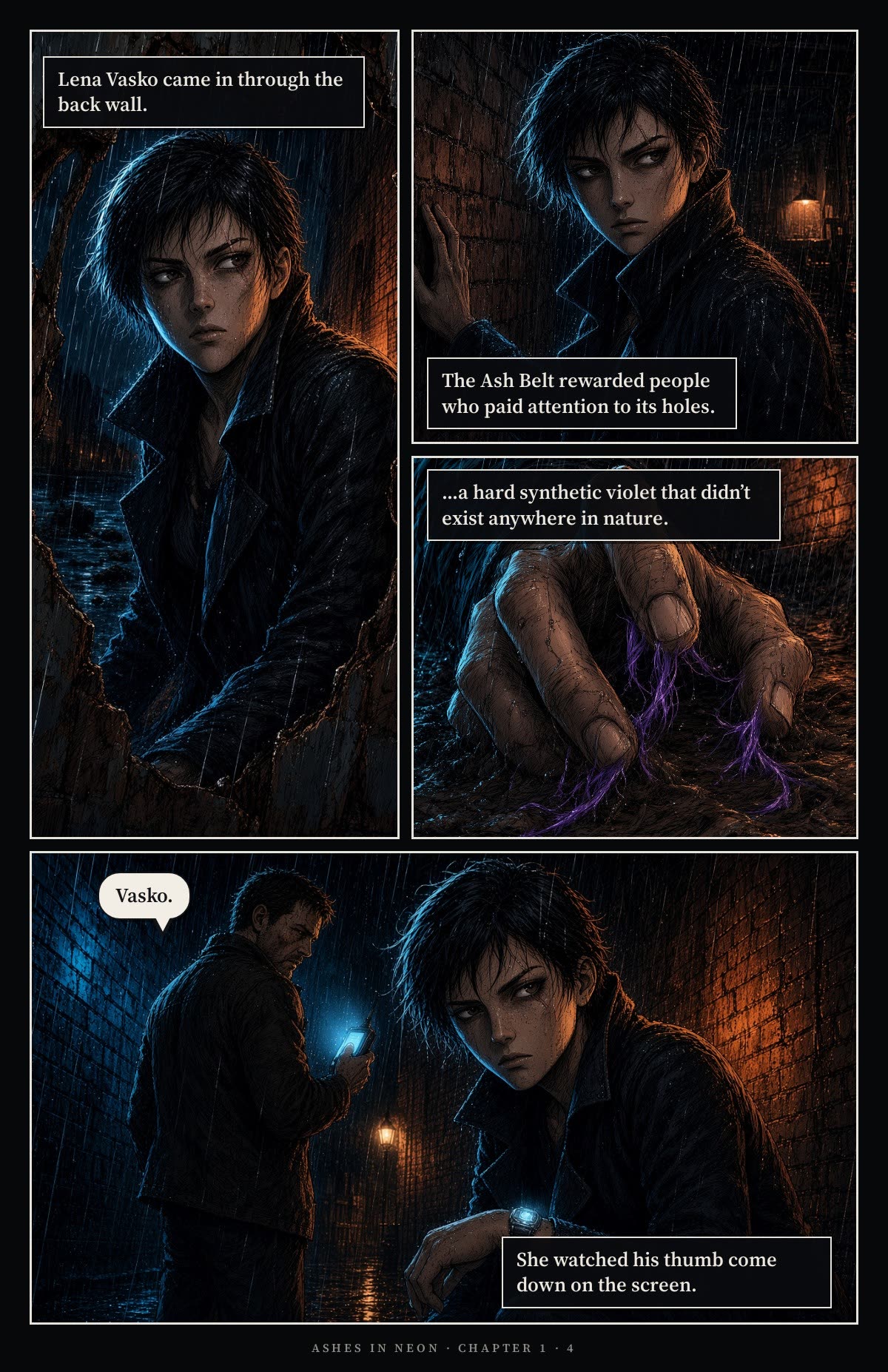 Page 4. Lena Vasko comes in through a gap in the back wall and moves through the dark mill. Violet threads are caught under the dead girl's nails. Lena watches Cormac's thumb come down on the screen. Without turning, he says: Vasko.