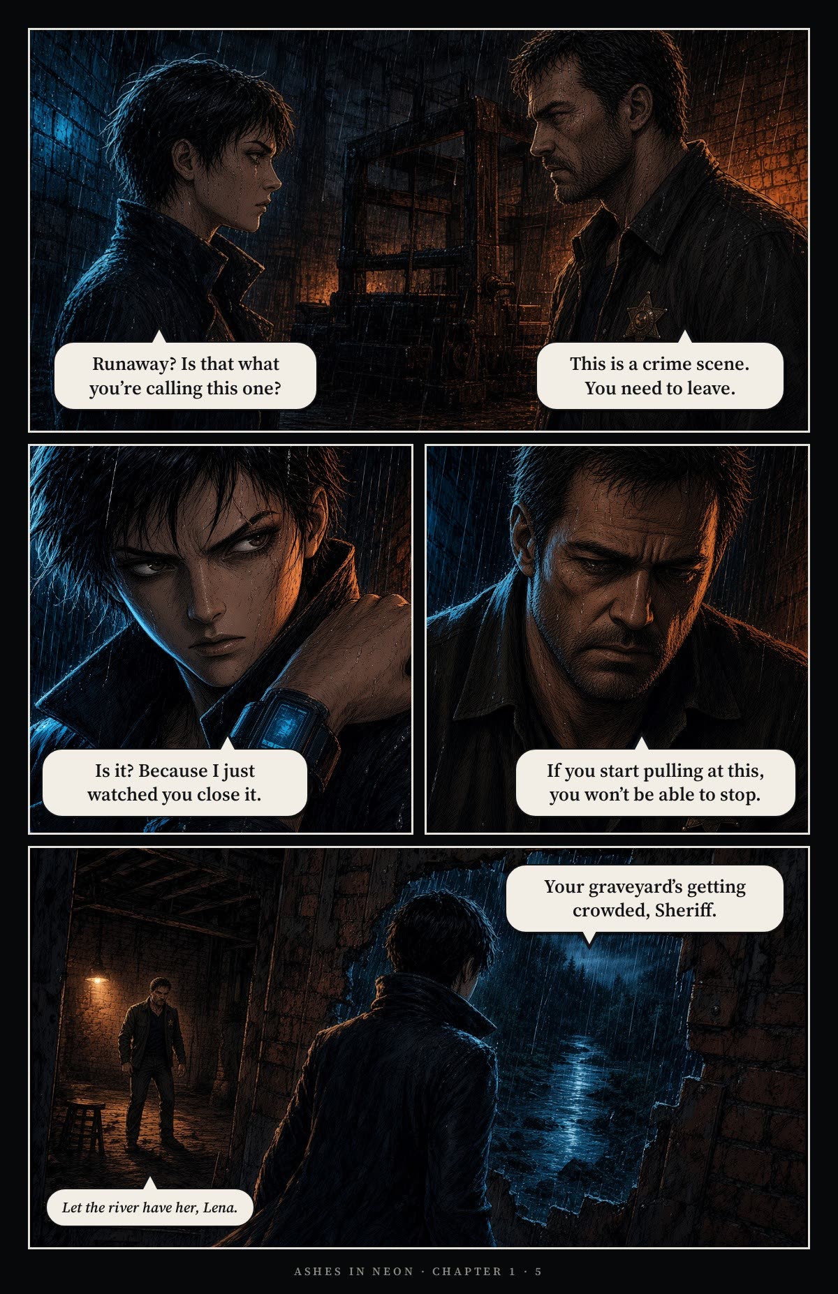 Page 5. Lena: Runaway? Is that what you're calling this one? Cormac: This is a crime scene. You need to leave. Lena: Is it? Because I just watched you close it. Cormac: If you start pulling at this, you won't be able to stop. Lena, leaving through the wall: Your graveyard's getting crowded, Sheriff. Cormac, alone in the lamplight: Let the river have her, Lena.