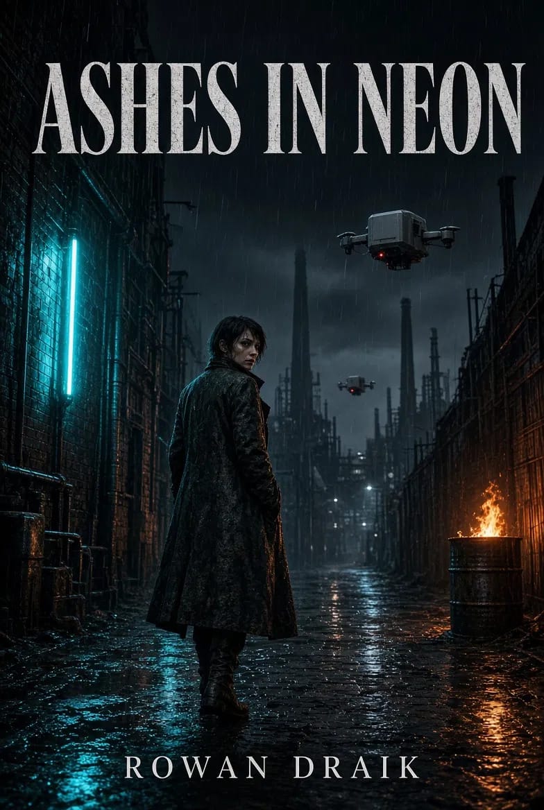 Cover of Ashes in Neon by Rowan Draik: a woman in a long dark coat looks back over her shoulder in a rain-soaked alley. A cyan neon tube glows on the brick wall to her left, a fire burns in an oil drum to her right, and two surveillance drones hover above smokestacks in the distance.