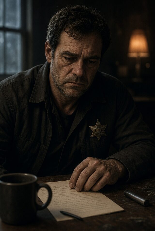 Sheriff Elias Cormac, a tired man in his fifties with a badge on his chest, at a desk with a mug and a form.