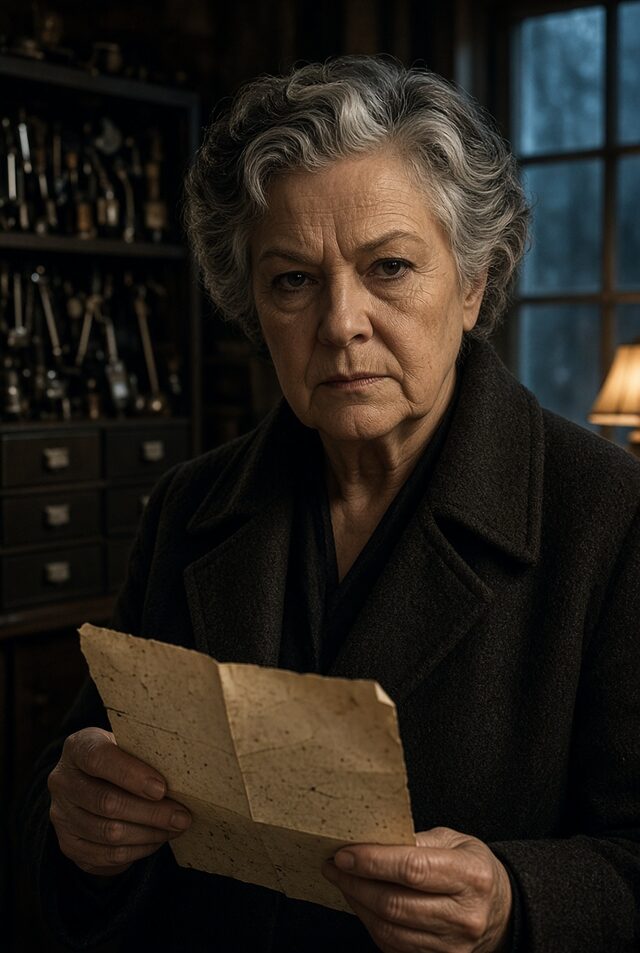 Ida Marek, a gray-haired woman in her sixties holding a sheet of paper in a cluttered stall.