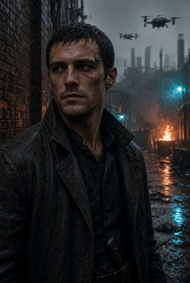 Kas Drobny, a dark-haired man of thirty in a worn coat, standing in the rain with drones overhead and firelight behind him.