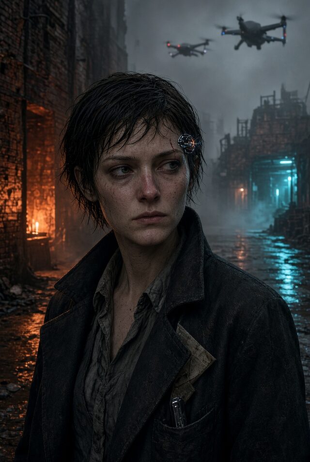 Lena Vasko, a young woman with short dark hair and a scarred eyebrow, in a wet alley under two hovering surveillance drones.