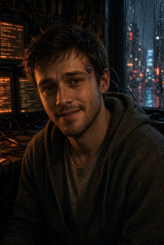 Riley, a young man with a half smile in a hooded jacket, city lights in the window behind him.