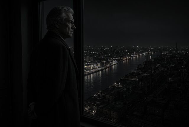 A man's silhouette at a dark window above the city, his face hidden.